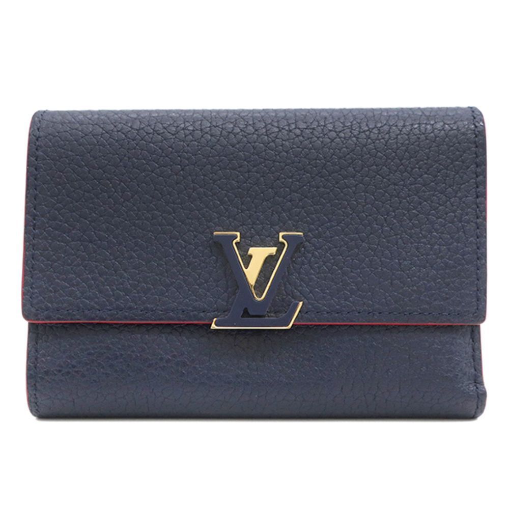 Portefeuille Capucines Compact Taurillon Leather Navy Blue Red Gold Wallet